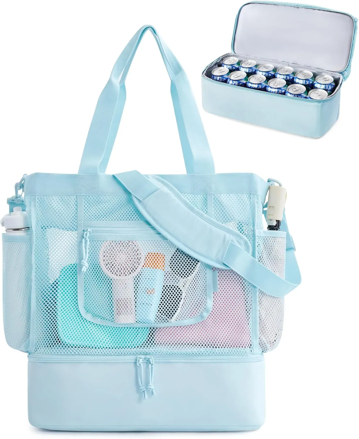 BAGSMART Beach Bag for Women, Mesh Tote Bags with Zipper, Sandproof Vacation Essentials with Cooler for Swim Cruise Pool