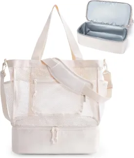 BAGSMART Beach Bag for Women, Mesh Tote Bags with Zipper, Sandproof Vacation Essentials with Cooler for Swim Cruise Pool