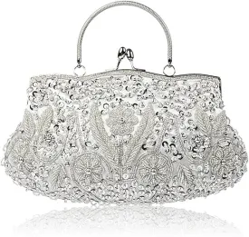 Beaded Sequin Design Flower Evening Purse Large Clutch Bag
