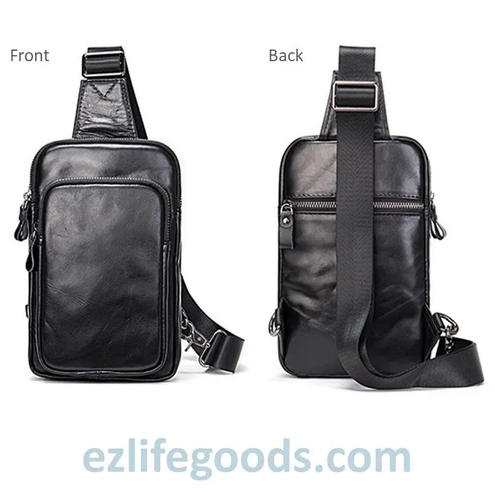 Black Leather Sling Bag | Compact Shoulder Crossbody Chest Bag