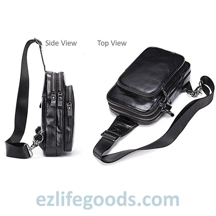 Black Leather Sling Bag | Compact Shoulder Crossbody Chest Bag