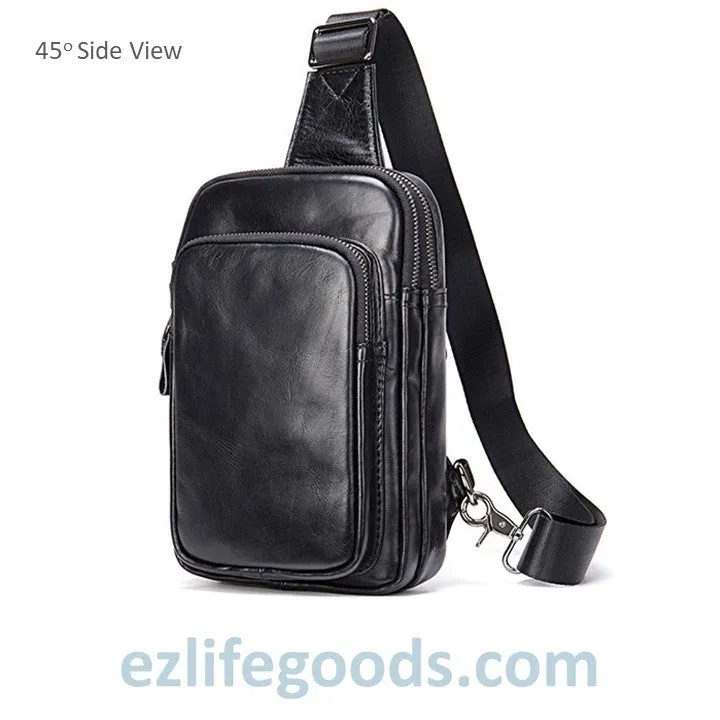 Black Leather Sling Bag | Compact Shoulder Crossbody Chest Bag