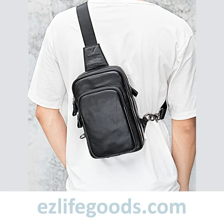 Black Leather Sling Bag | Compact Shoulder Crossbody Chest Bag