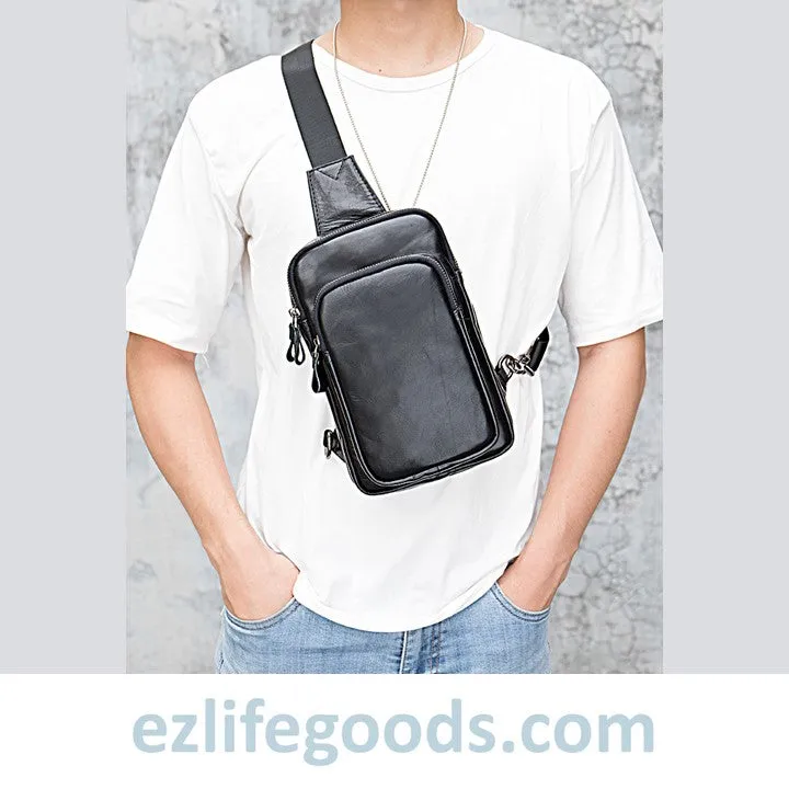 Black Leather Sling Bag | Compact Shoulder Crossbody Chest Bag