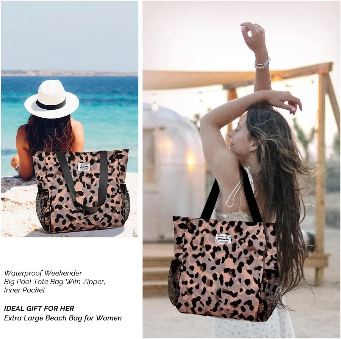 Buringer Large Waterproof Beach Bag for Women Sandproof Tote Bag with Zipper and Pockets Pool Bag for Travel Gym Vacation
