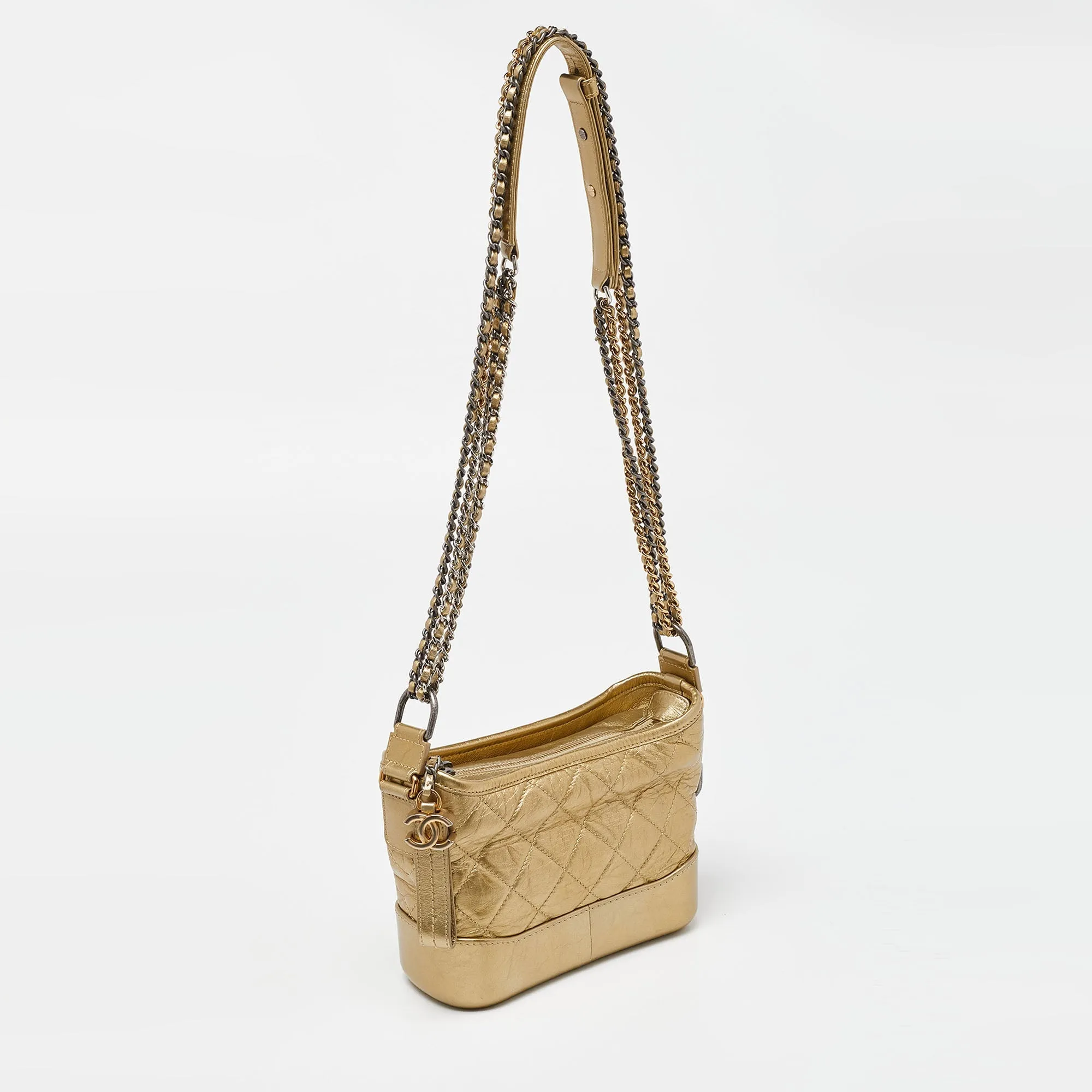 CHANEL Gold Quilted Aged Leather Small Gabrielle Hobo