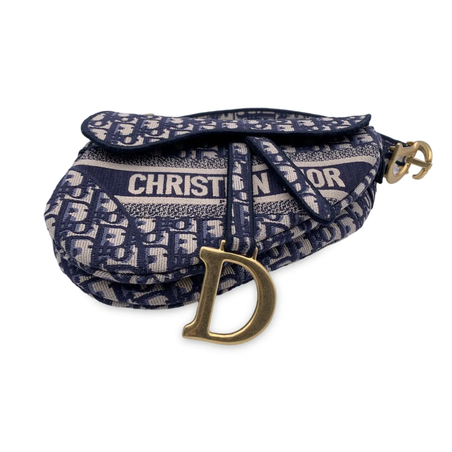 CHRISTIAN DIOR Blue Jacquard Oblique Canvas Embroidery Saddle Bag