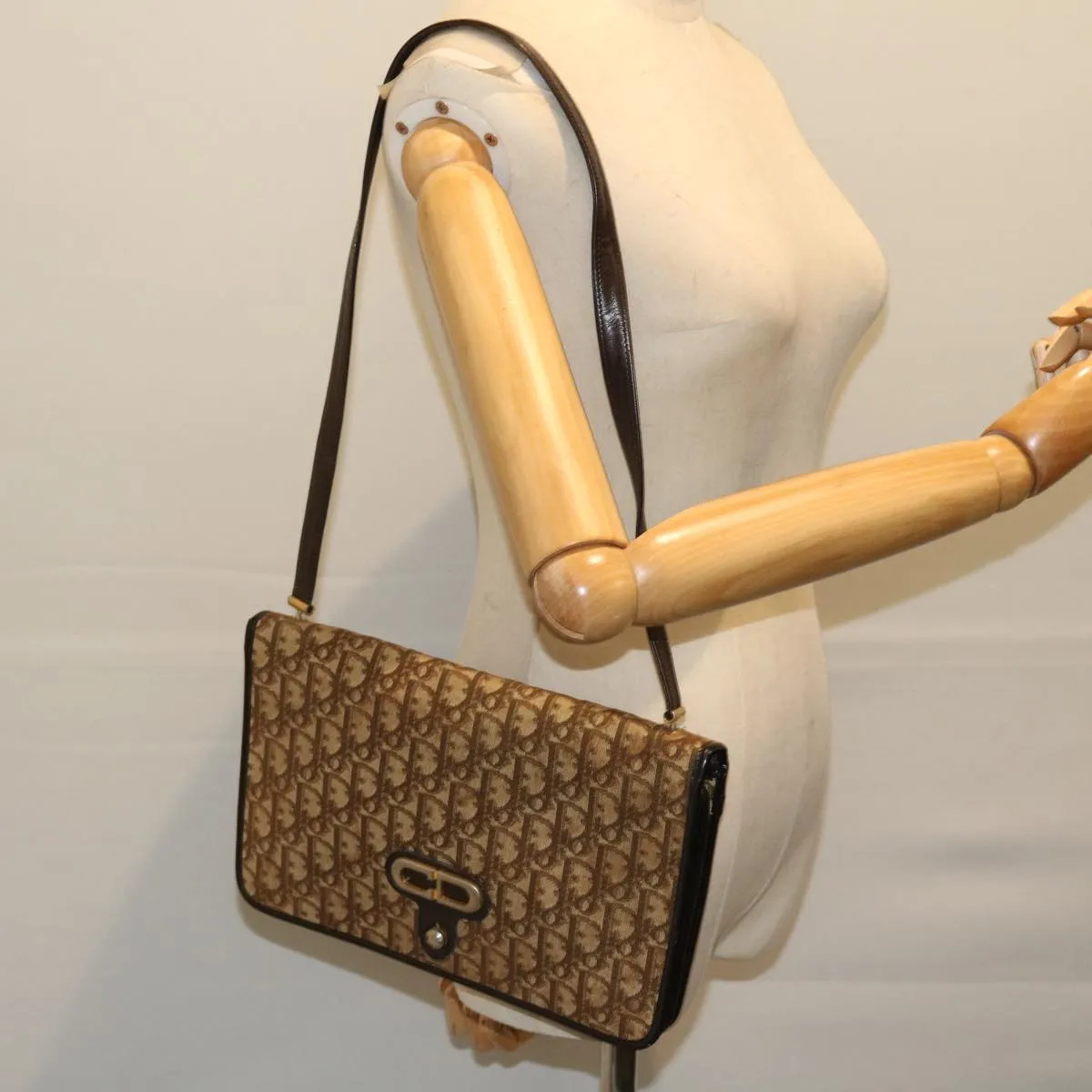 CHRISTIAN DIOR Trotter Canvas Shoulder Bag Canvas Brown Auth fm3282