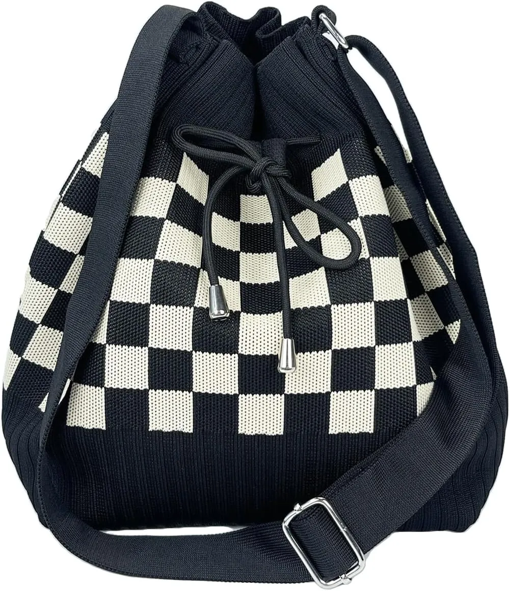 Crochet Checkered Bucket Bag Women Knit Shoulder Tote Hobo Bags Crossbody Purse Summer Beach Bag Drawstring Handbag 2025