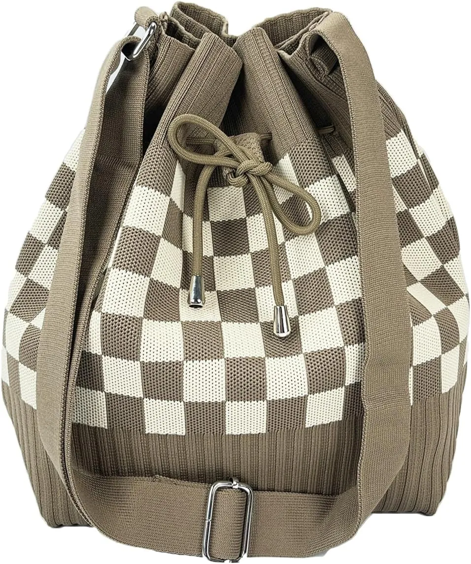 Crochet Checkered Bucket Bag Women Knit Shoulder Tote Hobo Bags Crossbody Purse Summer Beach Bag Drawstring Handbag 2025