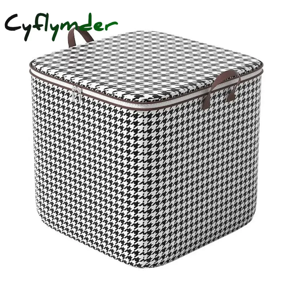 Cyflymder 1pc Clothes Storage Bag, Houndstooth Pattern Foldable Fabric Storage Bag, Large Capacity Waterproof Moisture-proof Cotton Quilt Storage Bag, Home Organization And Storage