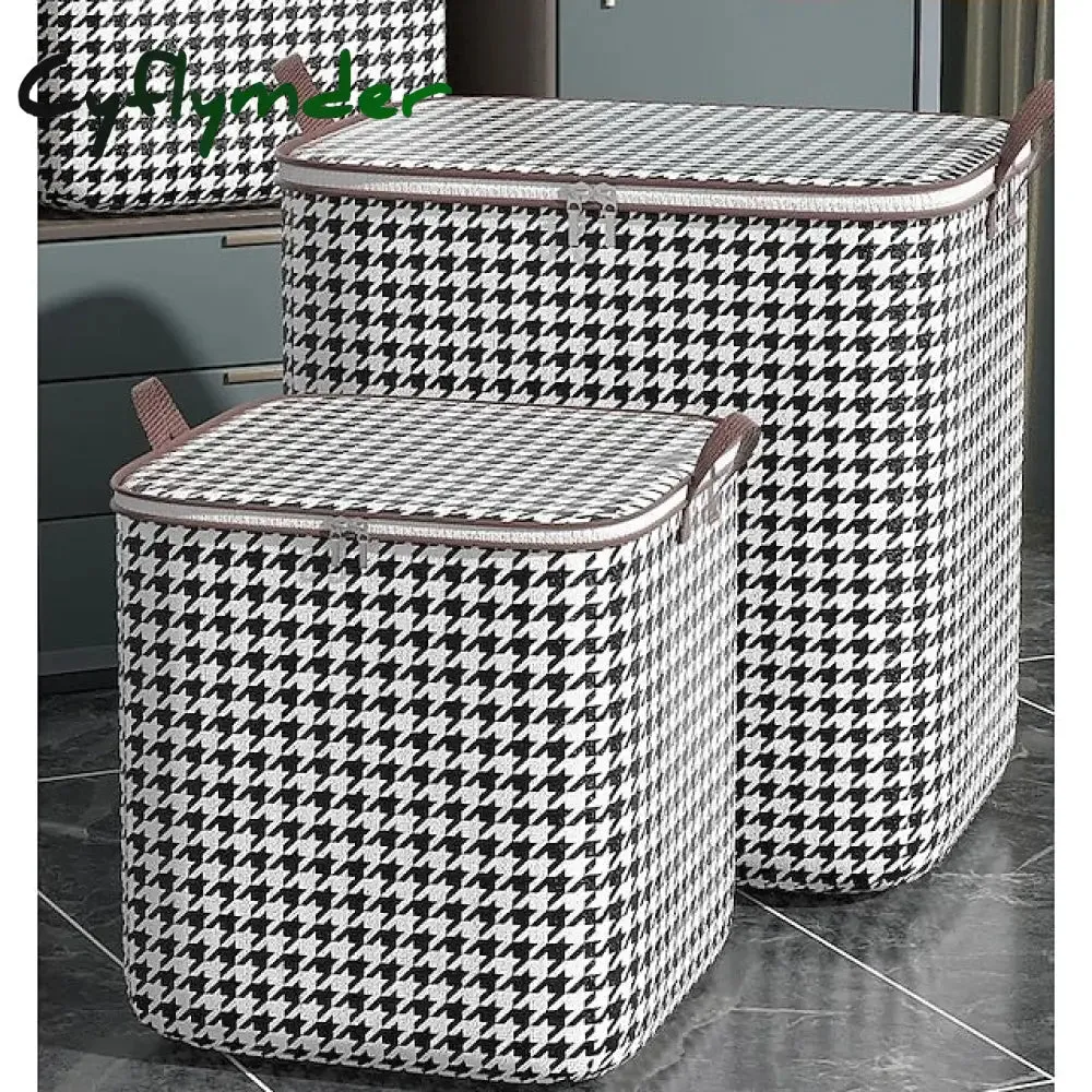 Cyflymder 1pc Clothes Storage Bag, Houndstooth Pattern Foldable Fabric Storage Bag, Large Capacity Waterproof Moisture-proof Cotton Quilt Storage Bag, Home Organization And Storage