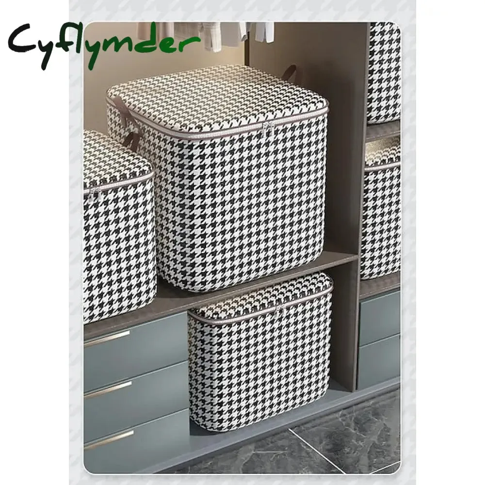 Cyflymder 1pc Clothes Storage Bag, Houndstooth Pattern Foldable Fabric Storage Bag, Large Capacity Waterproof Moisture-proof Cotton Quilt Storage Bag, Home Organization And Storage