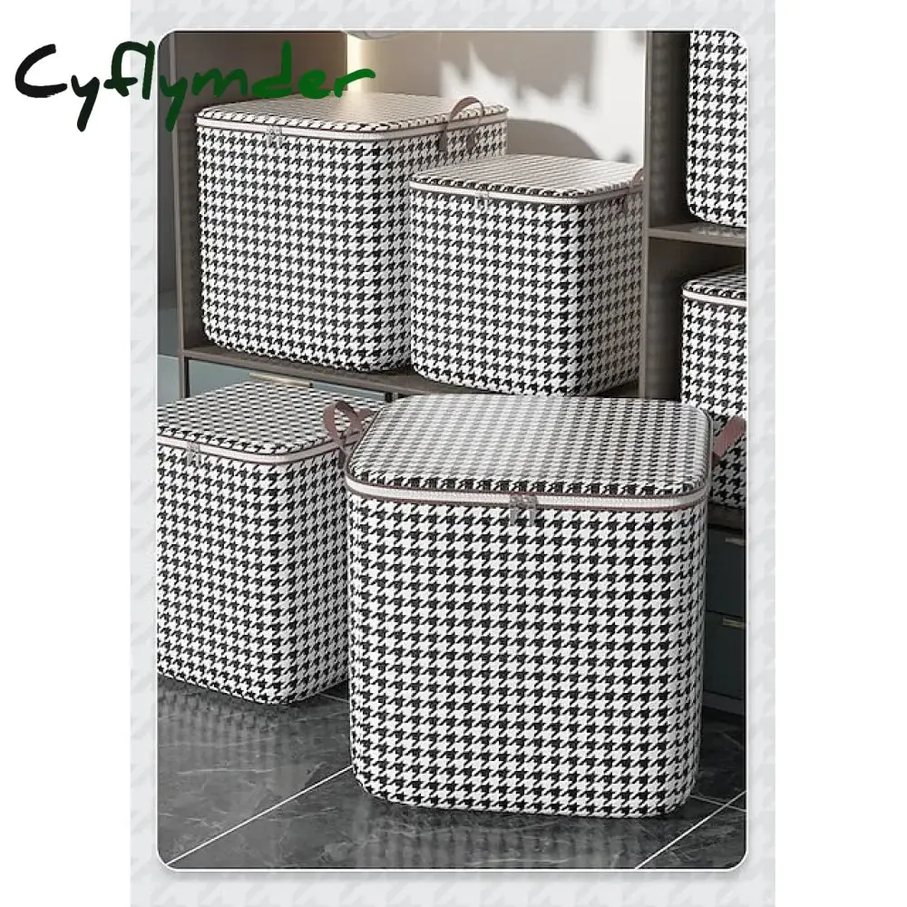Cyflymder 1pc Clothes Storage Bag, Houndstooth Pattern Foldable Fabric Storage Bag, Large Capacity Waterproof Moisture-proof Cotton Quilt Storage Bag, Home Organization And Storage