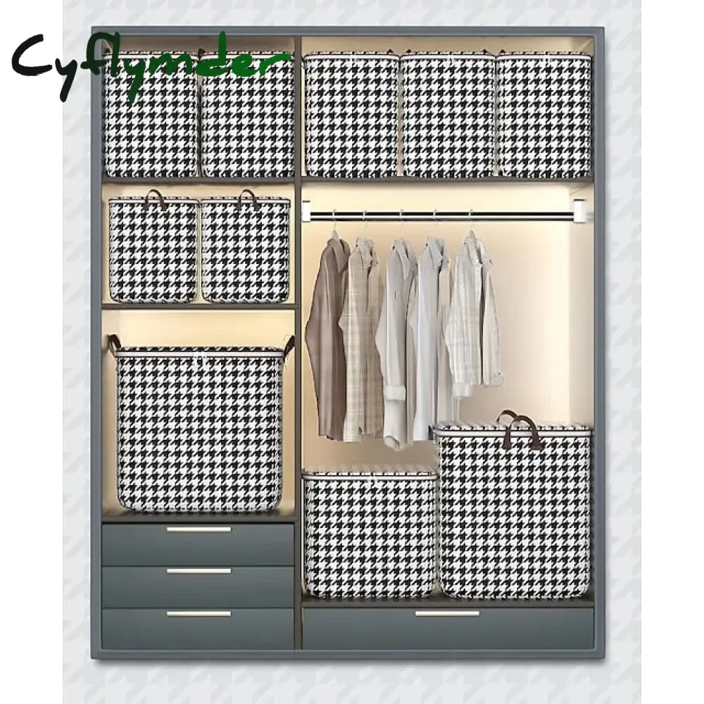 Cyflymder 1pc Clothes Storage Bag, Houndstooth Pattern Foldable Fabric Storage Bag, Large Capacity Waterproof Moisture-proof Cotton Quilt Storage Bag, Home Organization And Storage