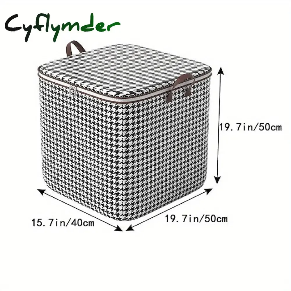 Cyflymder 1pc Clothes Storage Bag, Houndstooth Pattern Foldable Fabric Storage Bag, Large Capacity Waterproof Moisture-proof Cotton Quilt Storage Bag, Home Organization And Storage
