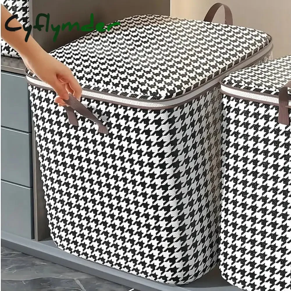 Cyflymder 1pc Clothes Storage Bag, Houndstooth Pattern Foldable Fabric Storage Bag, Large Capacity Waterproof Moisture-proof Cotton Quilt Storage Bag, Home Organization And Storage
