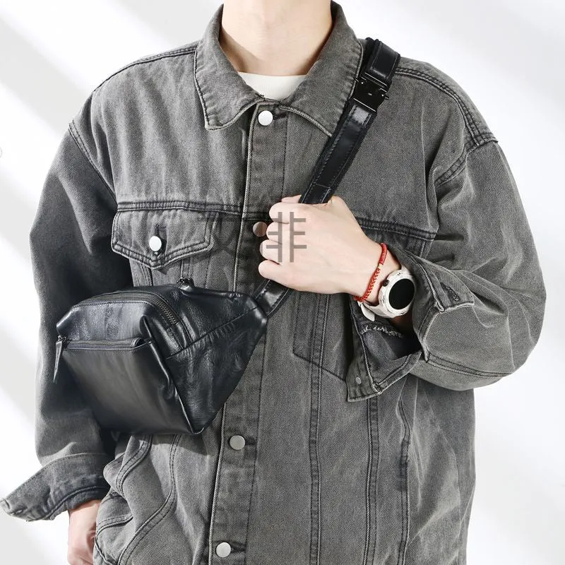 DUNNMALL WP Simple Leather Men's Chest Bag Trendy First Layer Cowhide Waist Bag Casual Single Shoulder Crossbody Phone Bag All-Match Diagonal Shoulder