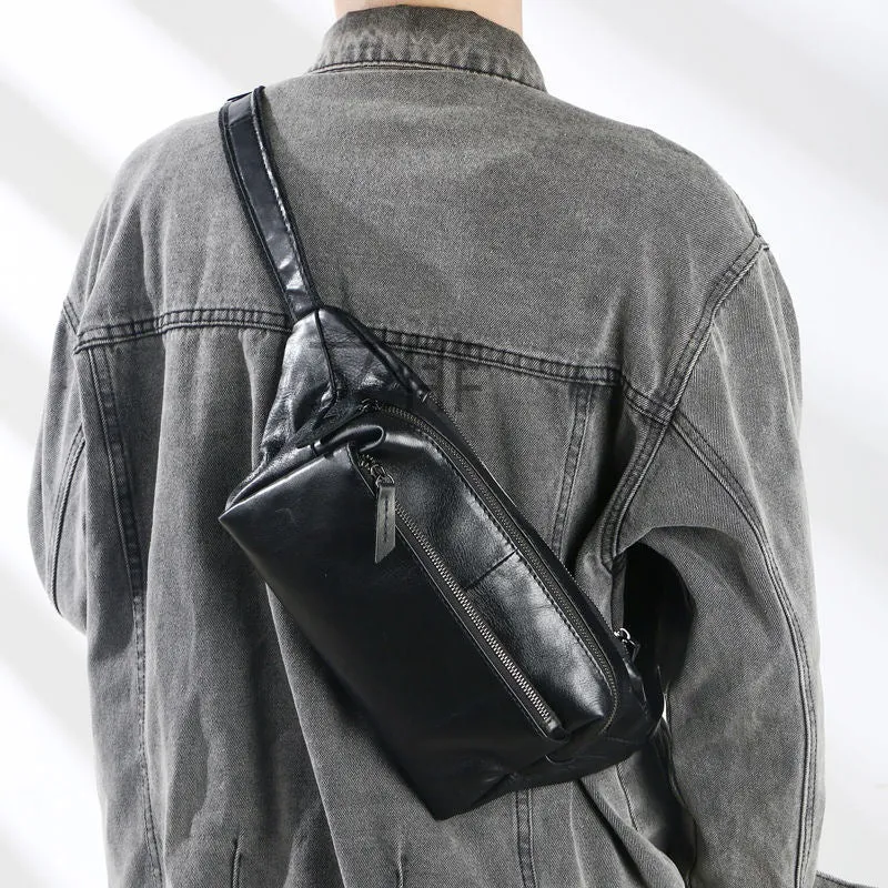 DUNNMALL WP Simple Leather Men's Chest Bag Trendy First Layer Cowhide Waist Bag Casual Single Shoulder Crossbody Phone Bag All-Match Diagonal Shoulder