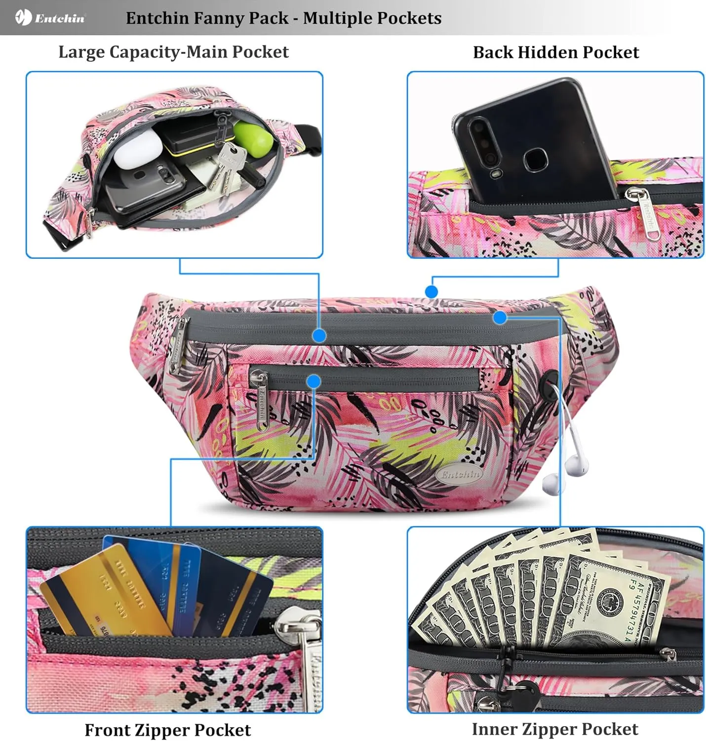 Entchin Fanny Pack for Women Men,Crossbody Belt Bag with 4-Zipper Pockets,Adjustable Waist Bag Pack,One of the Most Popular Travel Essential Gifts for Walking,Traveling,Cycling and Shopping