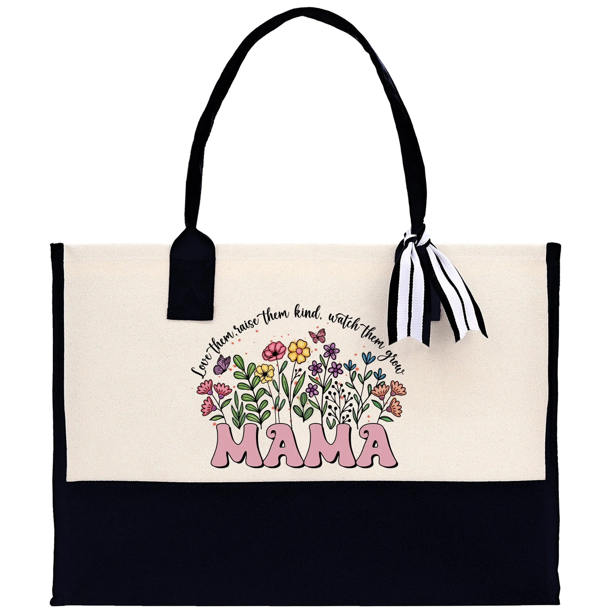 Floral Love Them Raise Them Kind Watch Them Grow Mama Cotton Canvas Tote Bag Mom Gift Mom Shopping Bag Best Mom Ever Bag Boy Girl Mama Tote