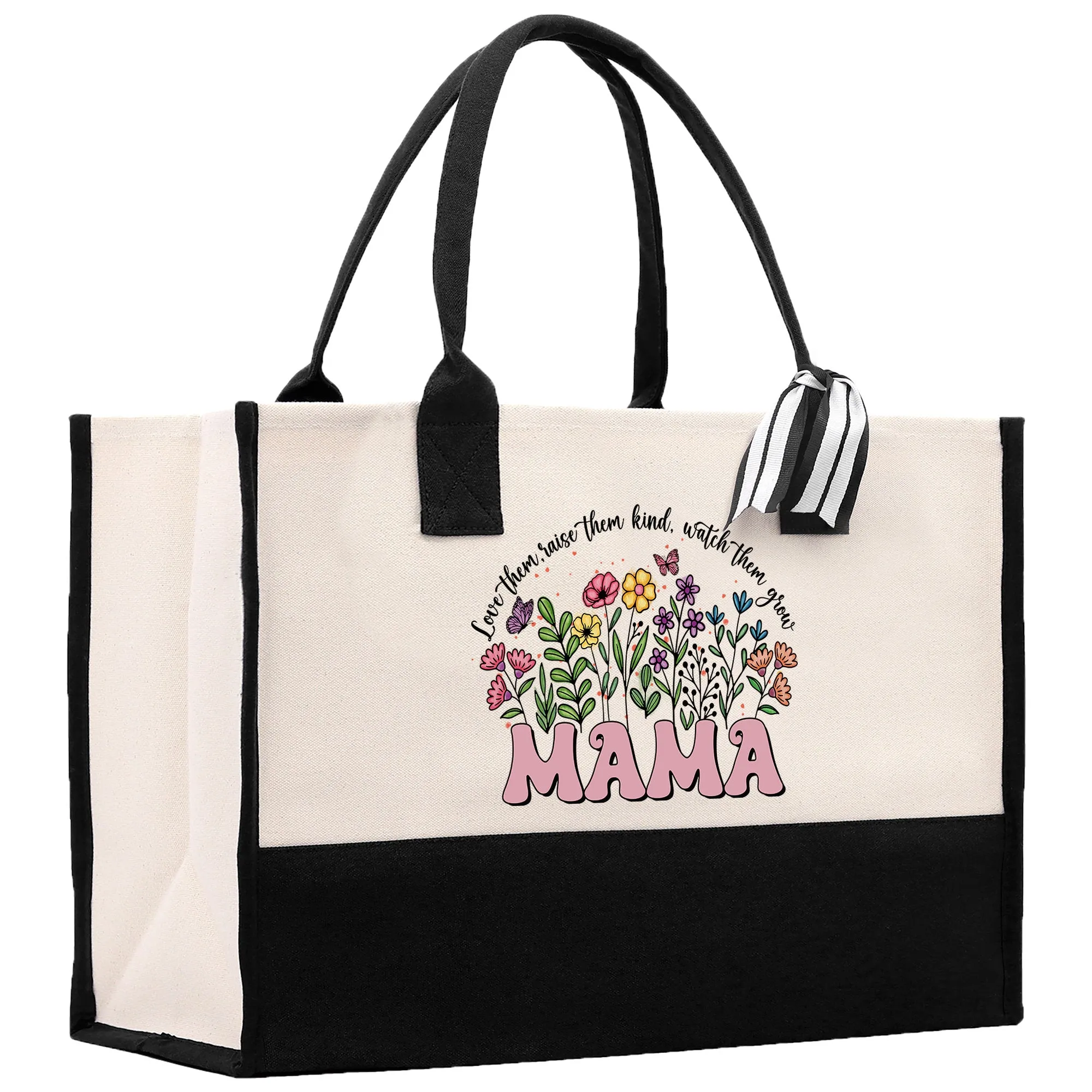 Floral Love Them Raise Them Kind Watch Them Grow Mama Cotton Canvas Tote Bag Mom Gift Mom Shopping Bag Best Mom Ever Bag Boy Girl Mama Tote