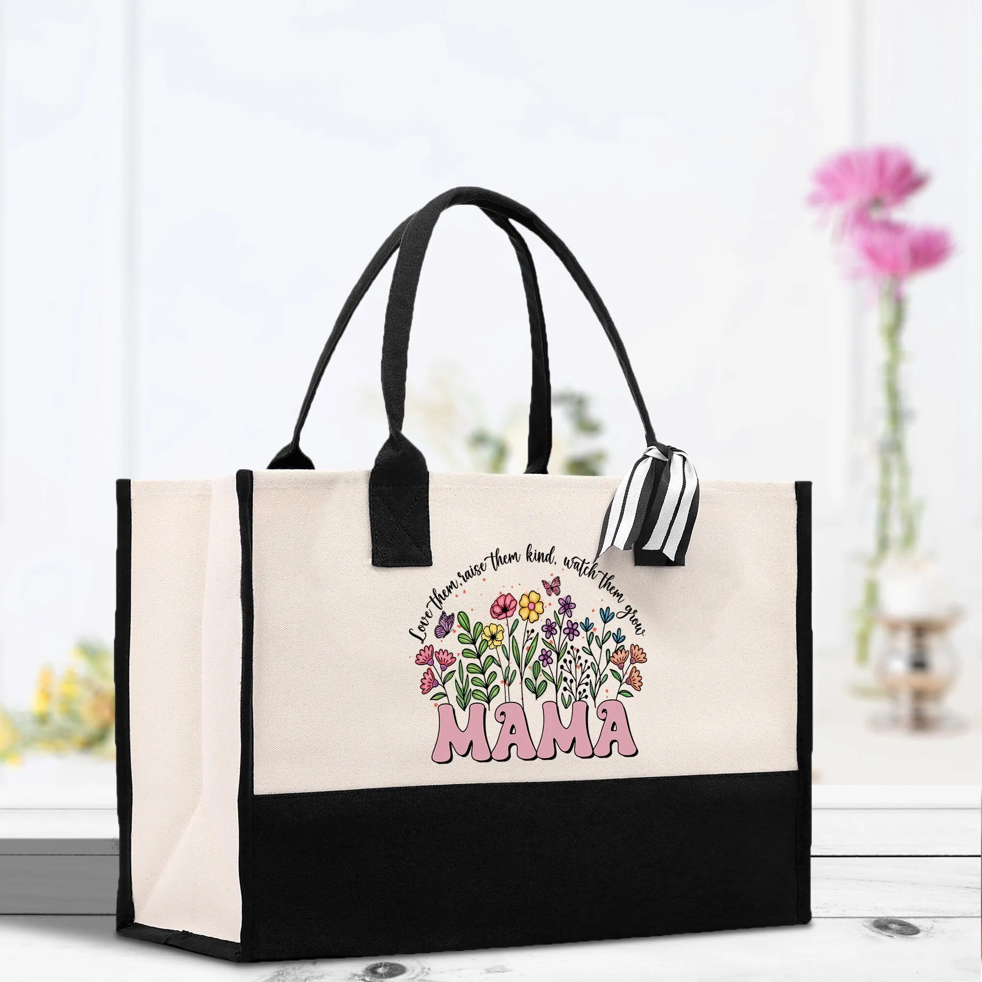 Floral Love Them Raise Them Kind Watch Them Grow Mama Cotton Canvas Tote Bag Mom Gift Mom Shopping Bag Best Mom Ever Bag Boy Girl Mama Tote