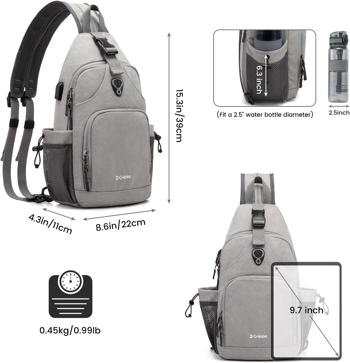 G4Free Sling Bag Canvas Crossbody Backpack with USB Charging Port, Convertible Chest Bag Casual Daypack for Travel Outdoor Cycling Hiking (Grey)