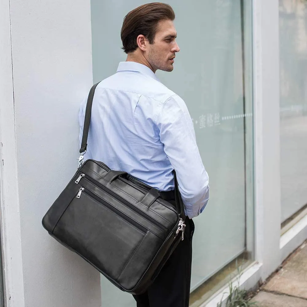 Genuine Leather Briefcase for Men 17" Computer Bag Business Travel Messenger Bag Black Handbag