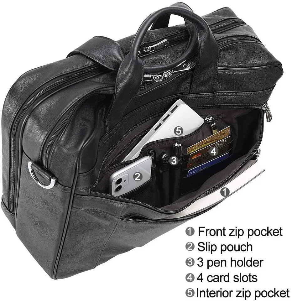 Genuine Leather Briefcase for Men 17" Computer Bag Business Travel Messenger Bag Black Handbag