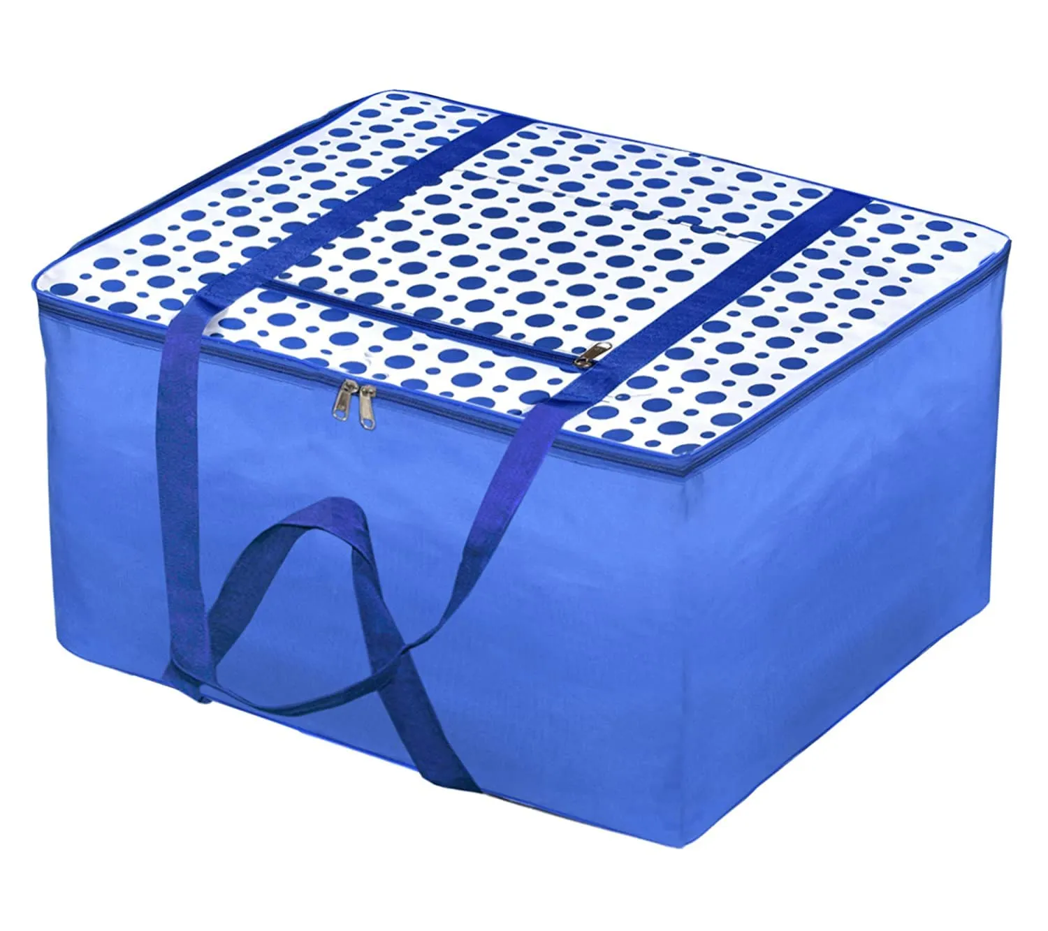 Heart Home Dot Printed Large Size Lightweight Foldable Multipurpose Storage bag, Cloth Organiser, Travel Bag With Zippered Closure And Handle- Pack of 2 (Blue & White)-HS43HEARTH26710