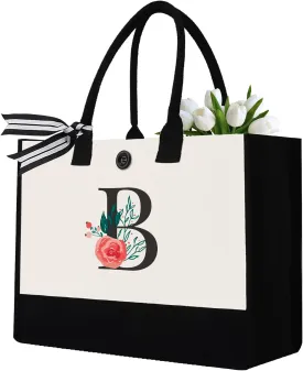 Initial Canvas Tote Bag, Personalized Birthday Gifts for Women Mom Friends Teachers, Monogrammed Tote Bags Suitable for Mother's Day Wedding Beach (Letter B)