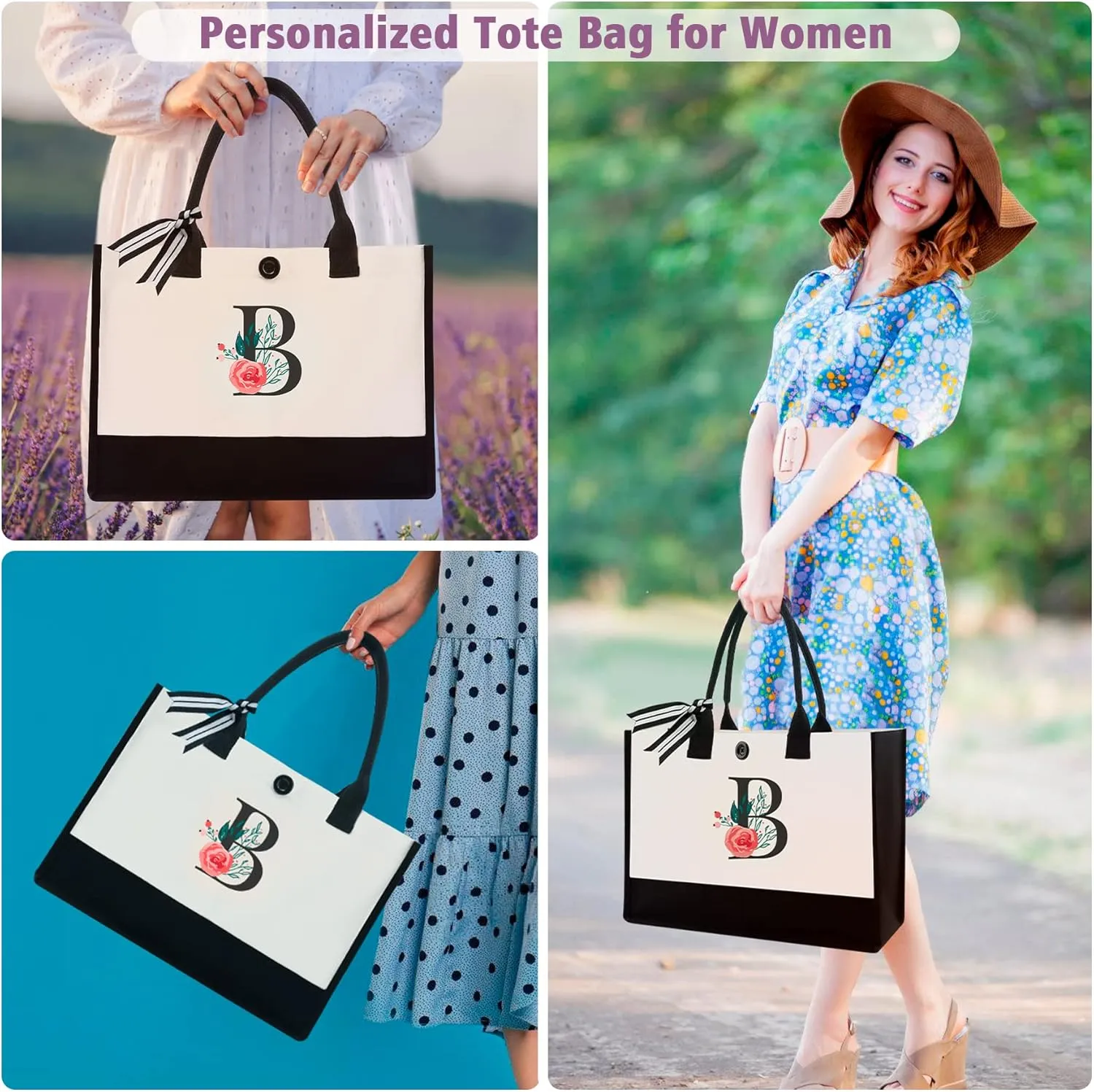 Initial Canvas Tote Bag, Personalized Birthday Gifts for Women Mom Friends Teachers, Monogrammed Tote Bags Suitable for Mother's Day Wedding Beach (Letter B)