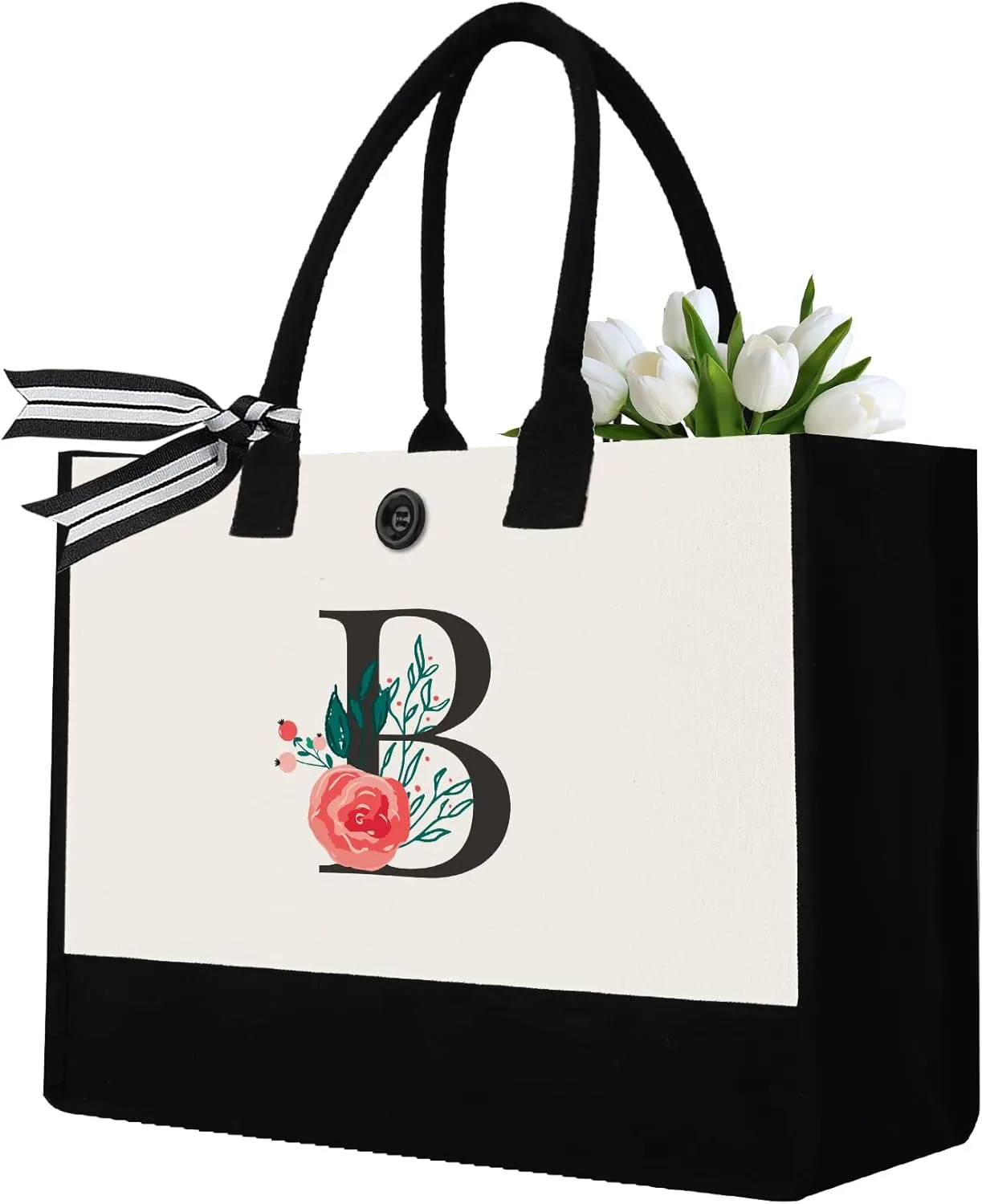 Initial Canvas Tote Bag, Personalized Birthday Gifts for Women Mom Friends Teachers, Monogrammed Tote Bags Suitable for Mother's Day Wedding Beach (Letter B)