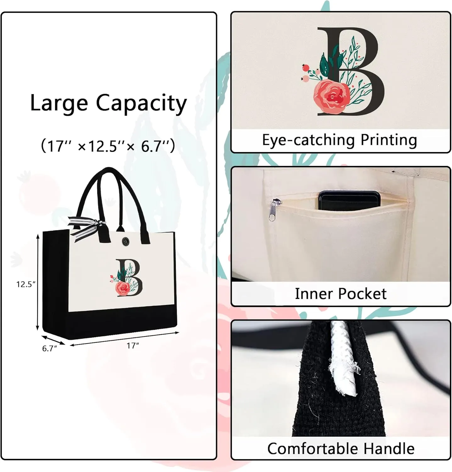 Initial Canvas Tote Bag, Personalized Birthday Gifts for Women Mom Friends Teachers, Monogrammed Tote Bags Suitable for Mother's Day Wedding Beach (Letter B)