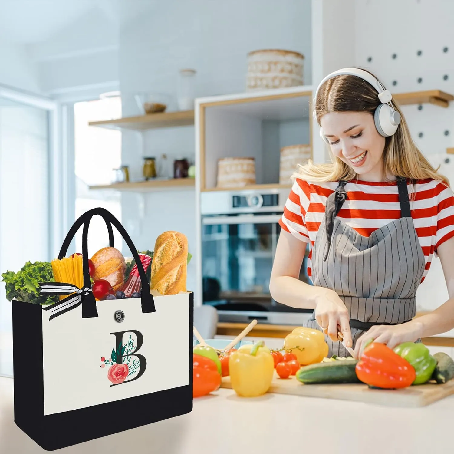 Initial Canvas Tote Bag, Personalized Birthday Gifts for Women Mom Friends Teachers, Monogrammed Tote Bags Suitable for Mother's Day Wedding Beach (Letter B)