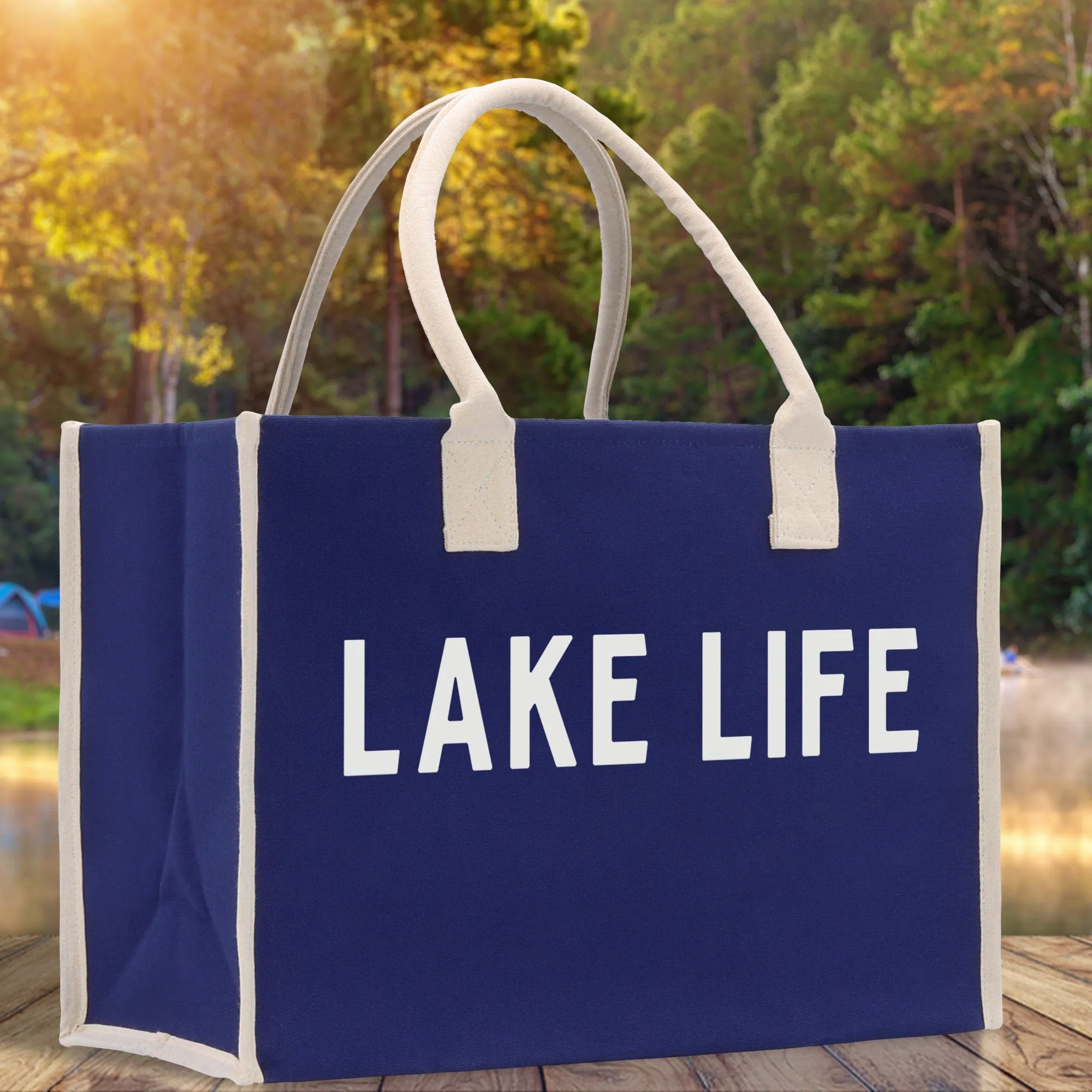Lake Life Cotton Canvas Chic Beach Tote Bag Multipurpose Tote Weekender Tote Gift for Her Outdoor Tote Vacation Tote Large Beach Bag