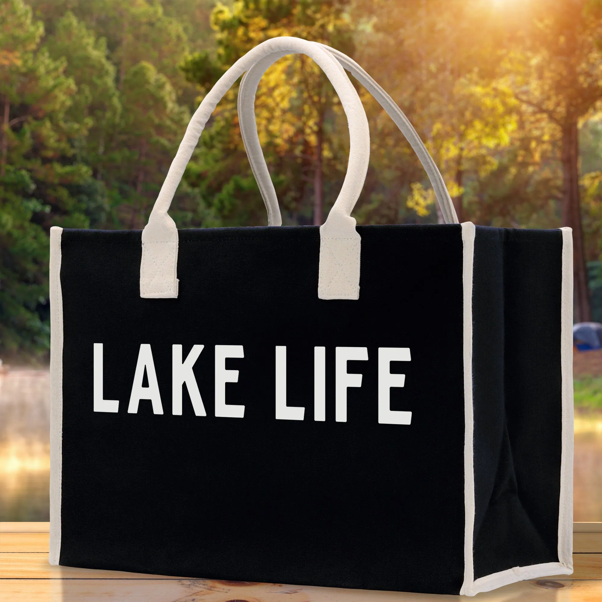Lake Life Cotton Canvas Chic Beach Tote Bag Multipurpose Tote Weekender Tote Gift for Her Outdoor Tote Vacation Tote Large Beach Bag