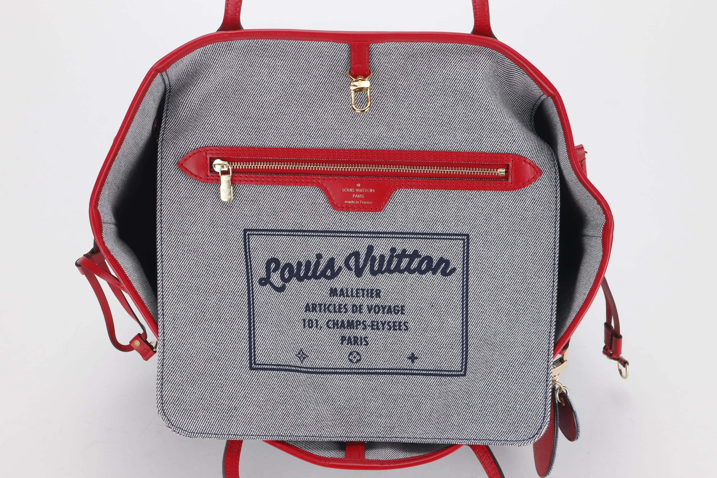 LOUIS VUITTON M44981 DENIM PATCHWORK NEVERFULL (AR5109) MM SIZE RED TRIM, WITH POUCH & DUST COVER