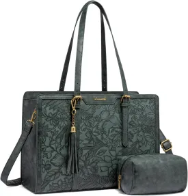 LOVEVOOK Laptop Bag for Women Vintage Leather Laptop Tote 17.3 inch Large Capacity Computer bag with Clutch Purse for Work