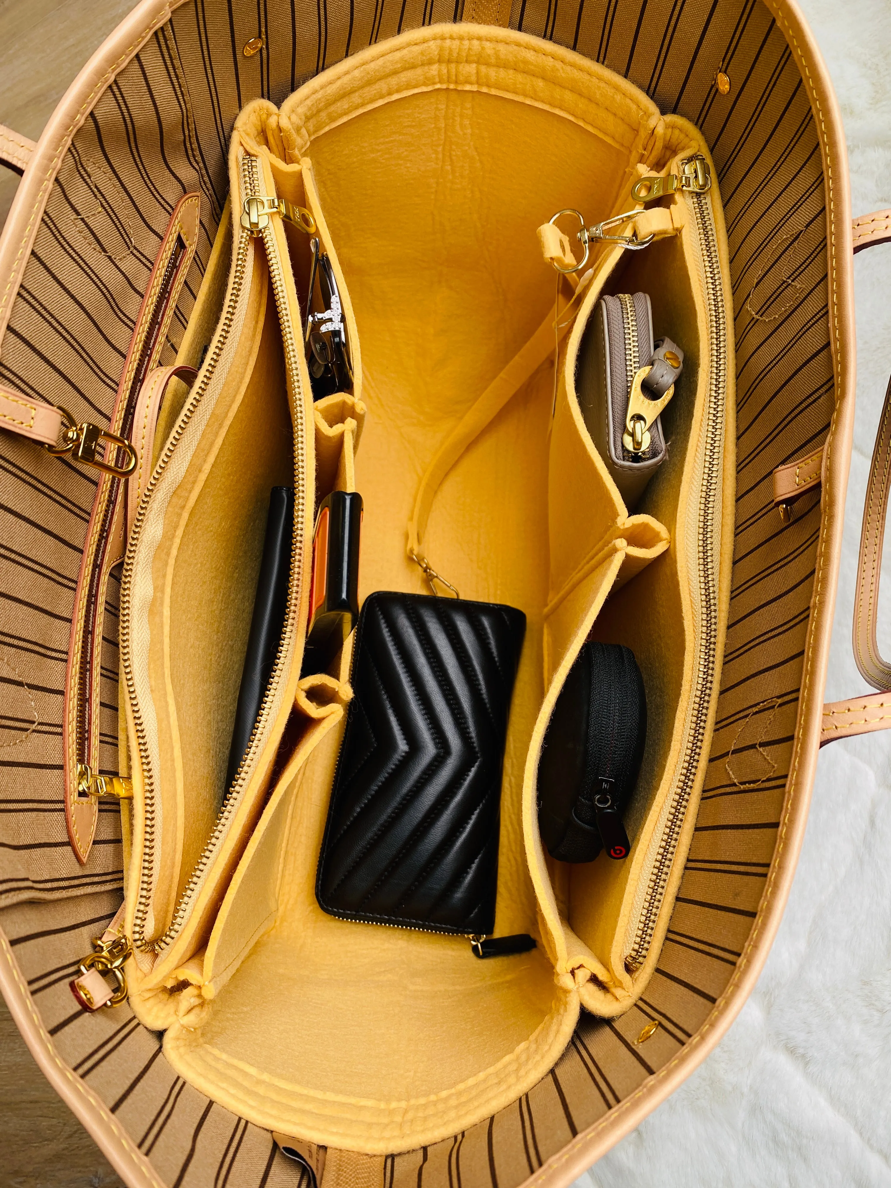 LV Neverfull GM Purse Organizer w/ Double YKK Zippers, Yellow Beige, 3mm Felt Only @AlgorithmBags for Louis Vuitton
