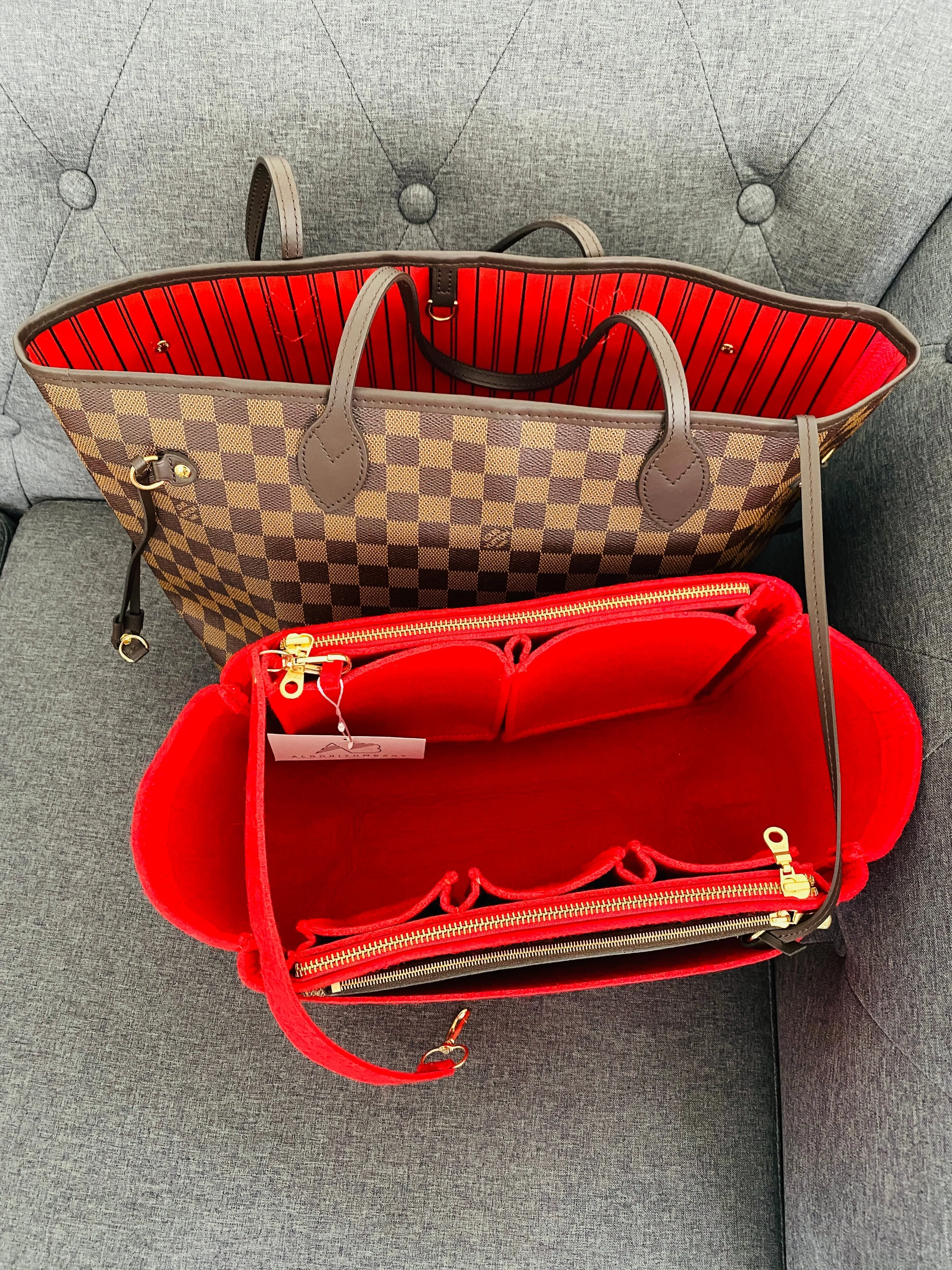 LV Neverfull NF GM Purse Organizer with Zippers, Cherry Red Only @AlgorithmBags® for Louis Vuitton, 3mm Felt
