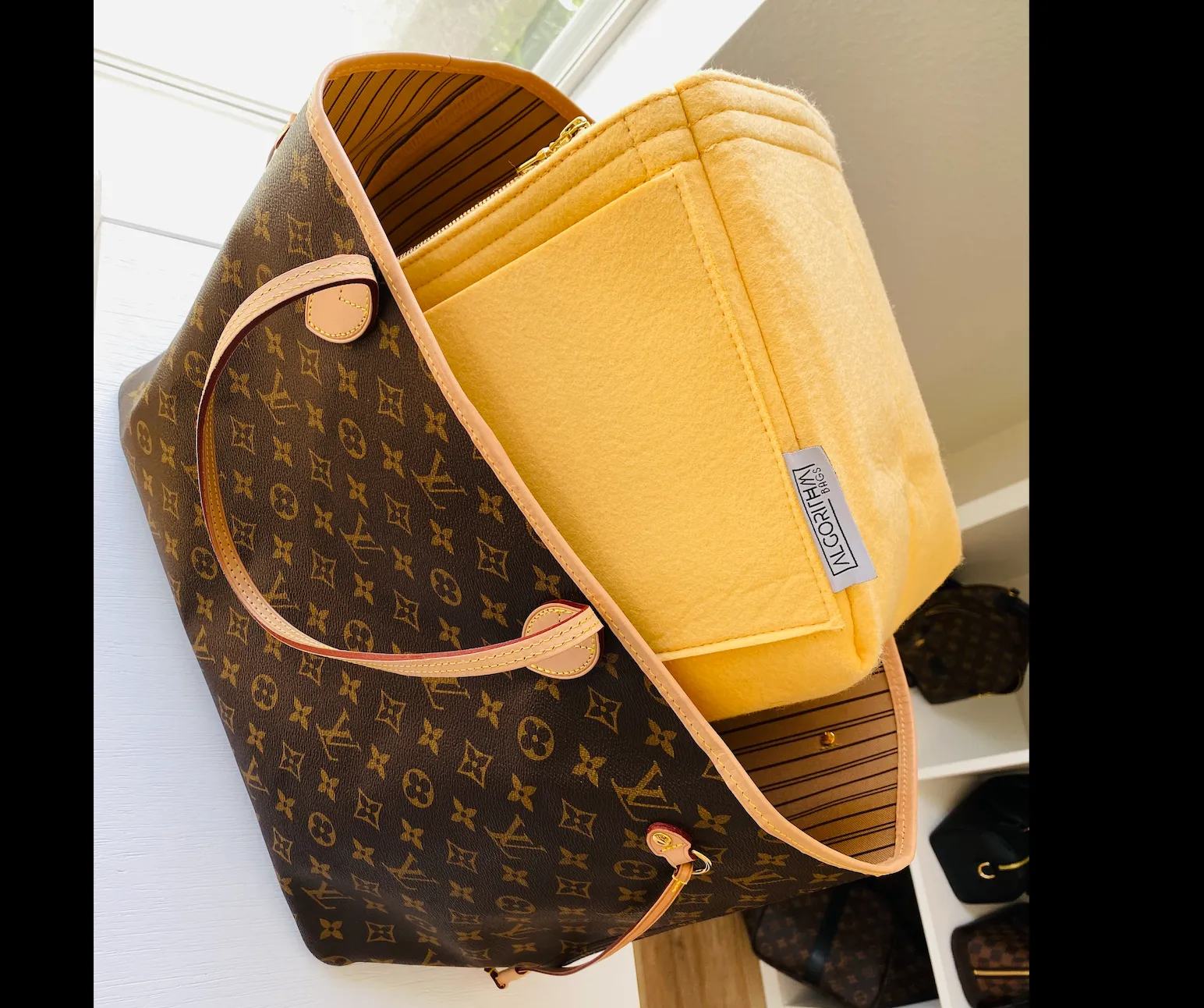 NEW! LV Neverfull MM NF Purse Organizer with Zippers, Tan Beige, for Louis Vuitton, 3mm Felt, Only @AlgorithmBags®
