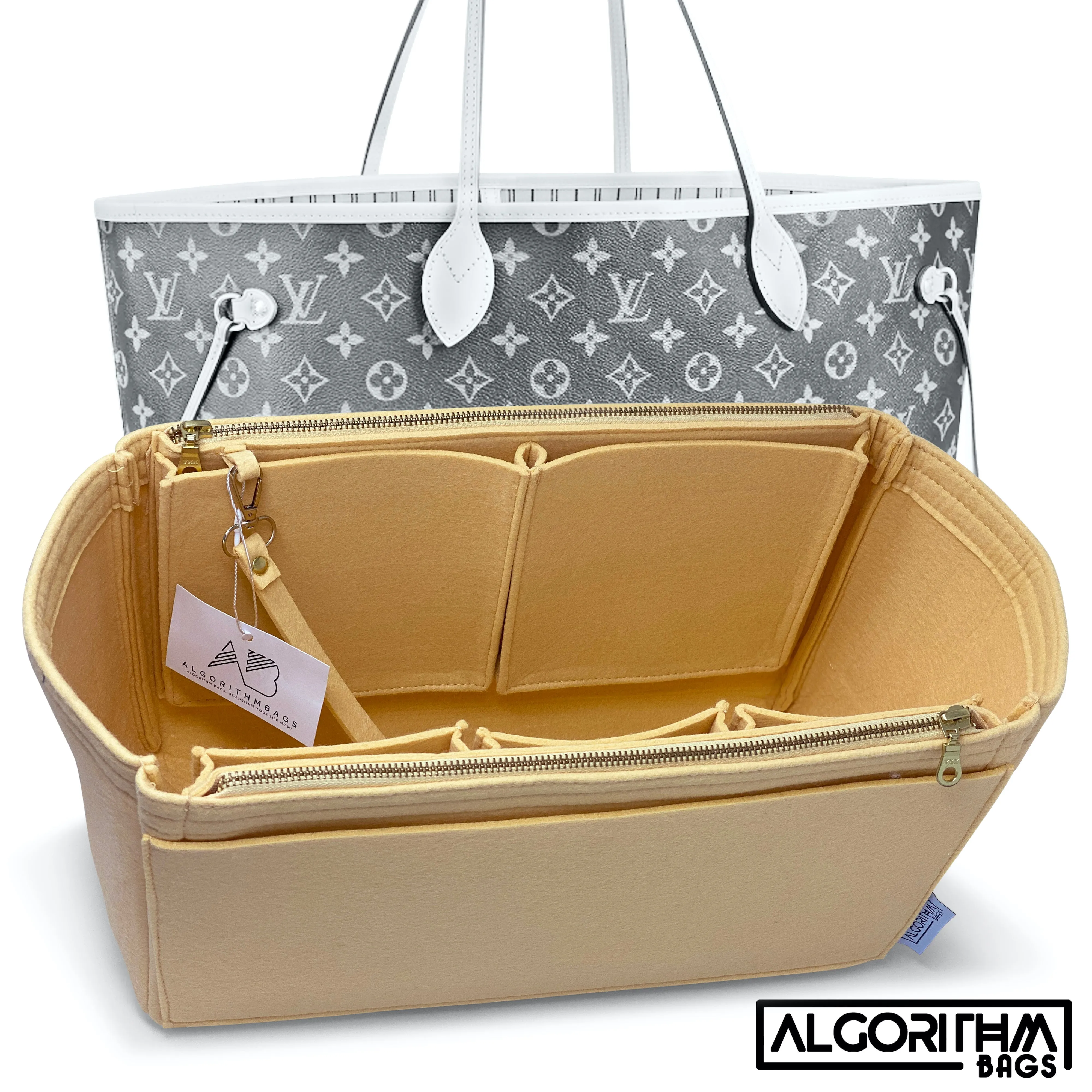 NEW! LV Neverfull MM NF Purse Organizer with Zippers, Tan Beige, for Louis Vuitton, 3mm Felt, Only @AlgorithmBags®
