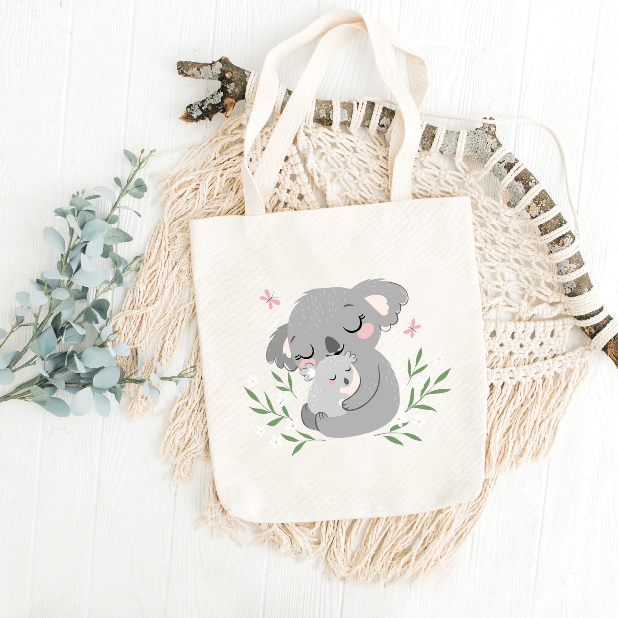 Off White Canvas Tote Bag: Cute Koala Mom & Child Print