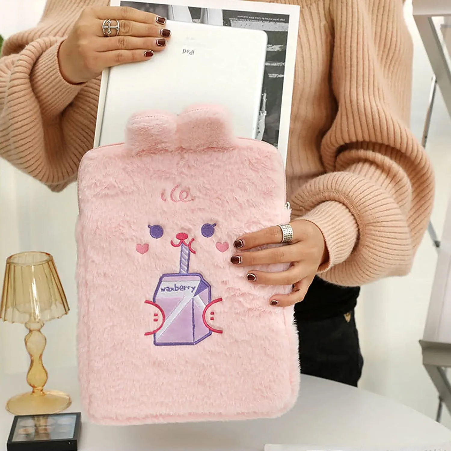 RARITYUS 9-11 Inch Plush Cute Rabbit Laptop Sleeve Bag iPad Protective Case Tablet Cover Notebook Storage Bag for Women Girls