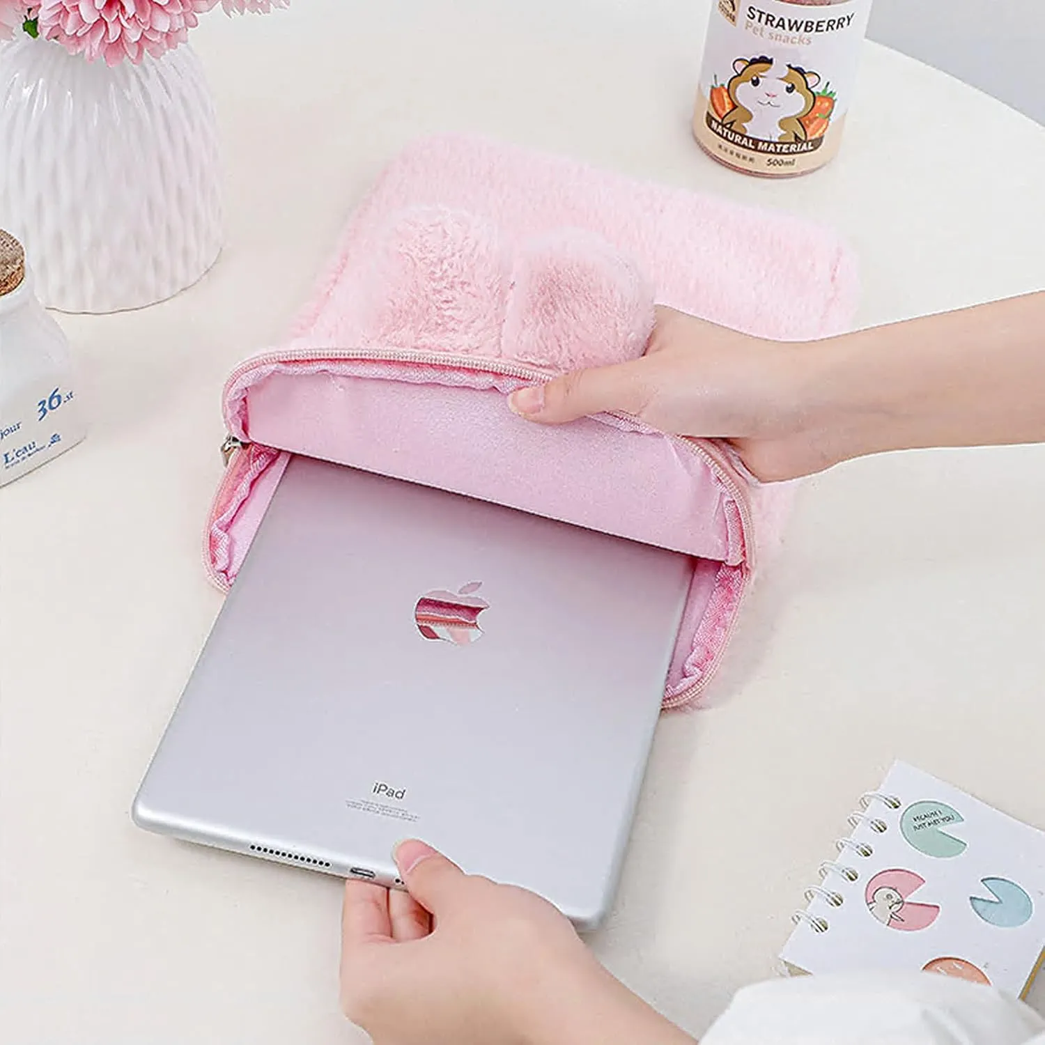 RARITYUS 9-11 Inch Plush Cute Rabbit Laptop Sleeve Bag iPad Protective Case Tablet Cover Notebook Storage Bag for Women Girls