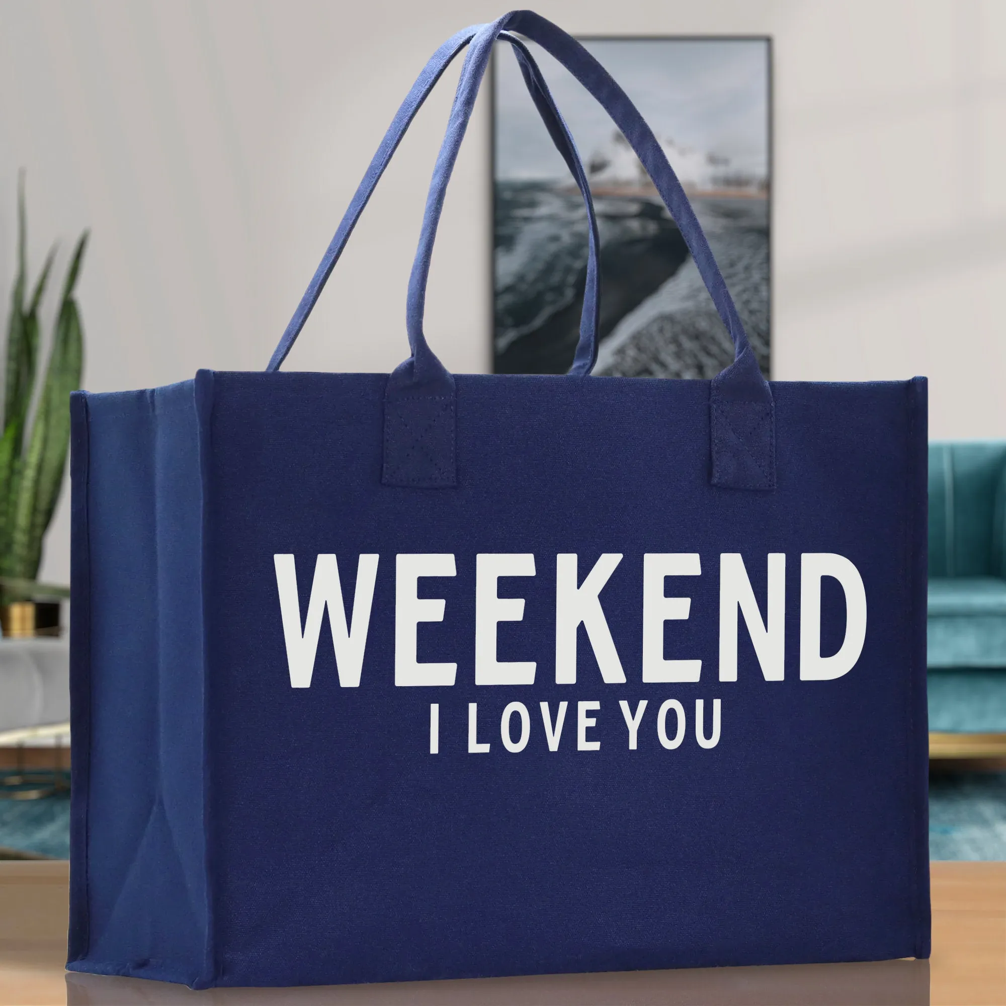 Weekend I Love Cotton Canvas Chic Beach Tote Bag Multipurpose Tote Weekender Tote Gift for Her Outdoor Tote Vacation Tote Large Beach Bag