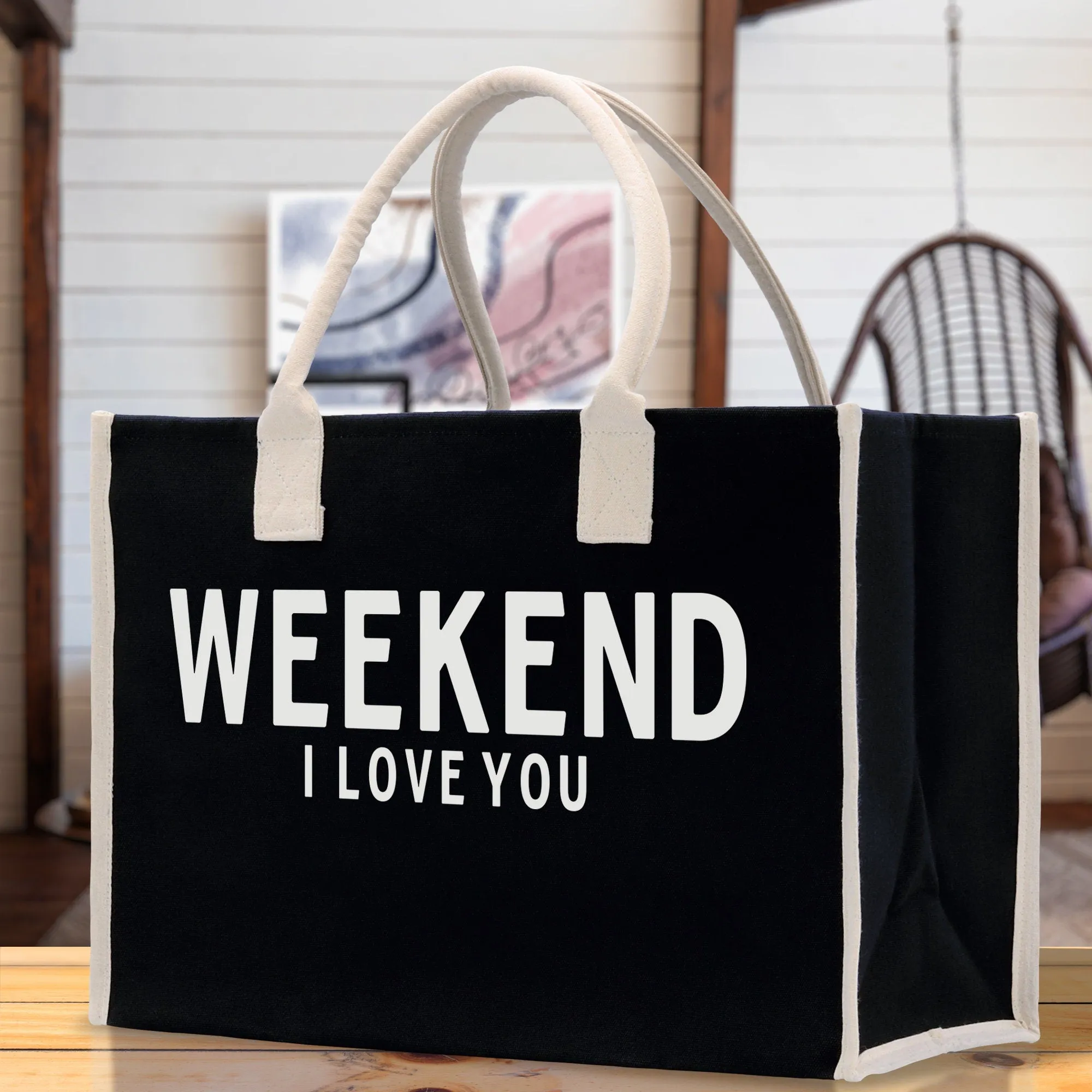 Weekend I Love Cotton Canvas Chic Beach Tote Bag Multipurpose Tote Weekender Tote Gift for Her Outdoor Tote Vacation Tote Large Beach Bag
