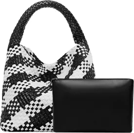 Women Vegan Leather Hand-Woven Tote Handbag Fashion Shoulder Top-handle Bag All-Match Underarm Bag with Purse
